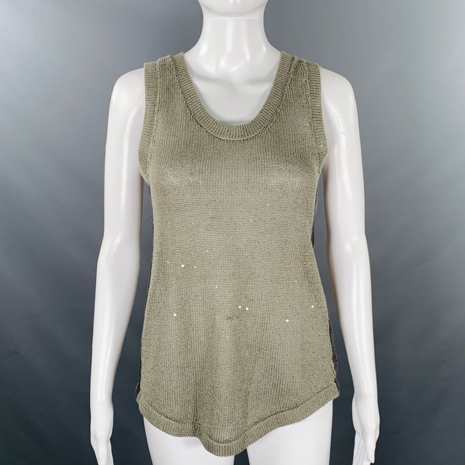 Brunello Cucinelli Size S Green Sage Linen Blend Knit Sleeveless Casual Top